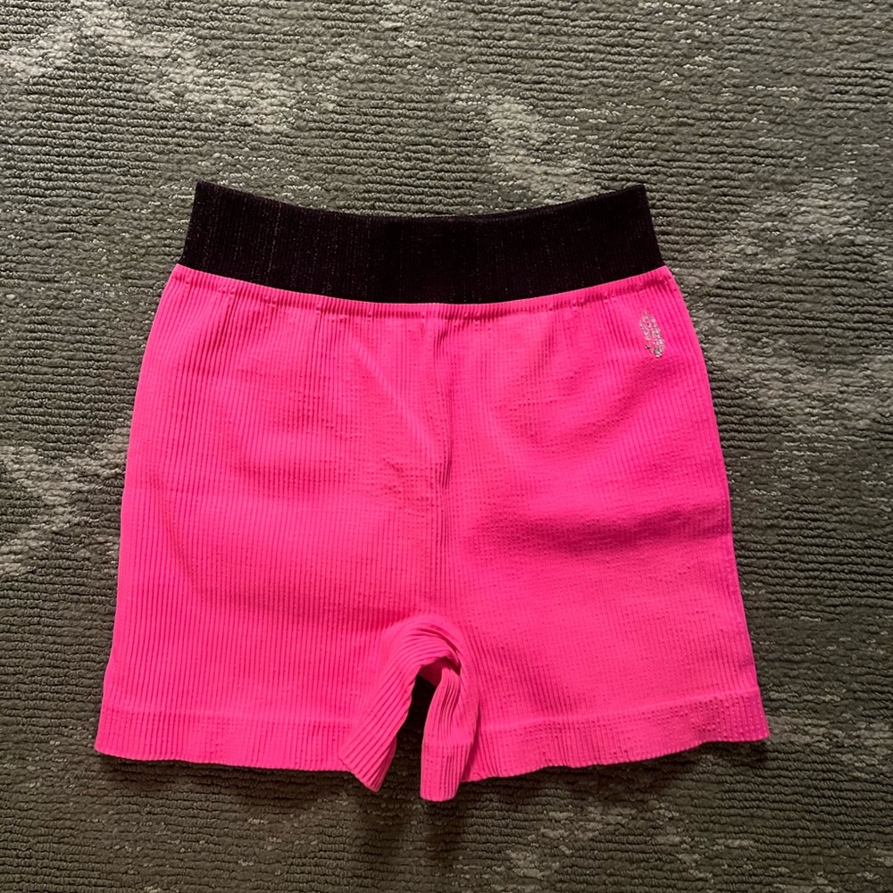 FP Movement by Free People Pink Ribbed Biker Shorts with black waistband